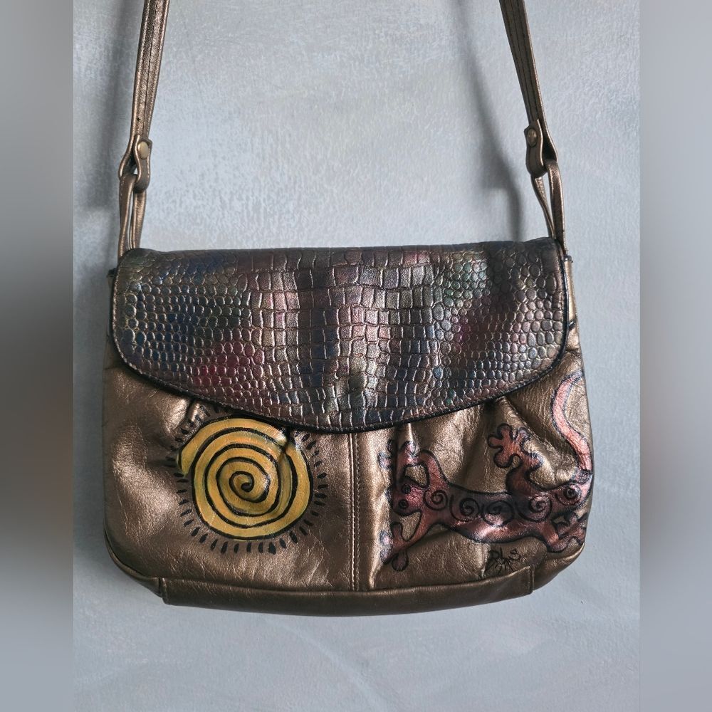 Vintage Handpainted Leather Shoulder Bag Crossbody Iguana Sun Textured 10X6